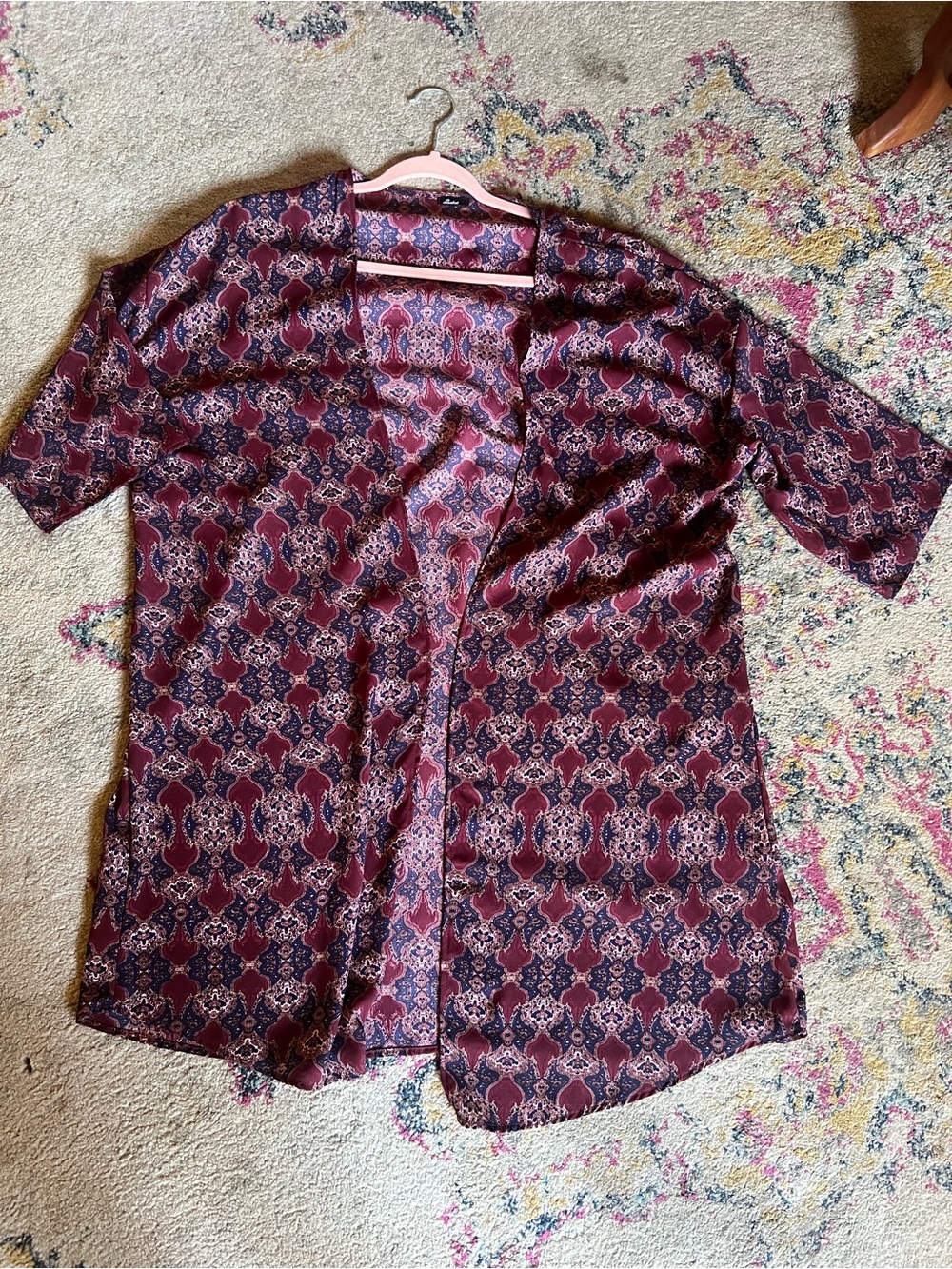 Women's Open Front Kimono Top - Burgundy and Blue Pattern